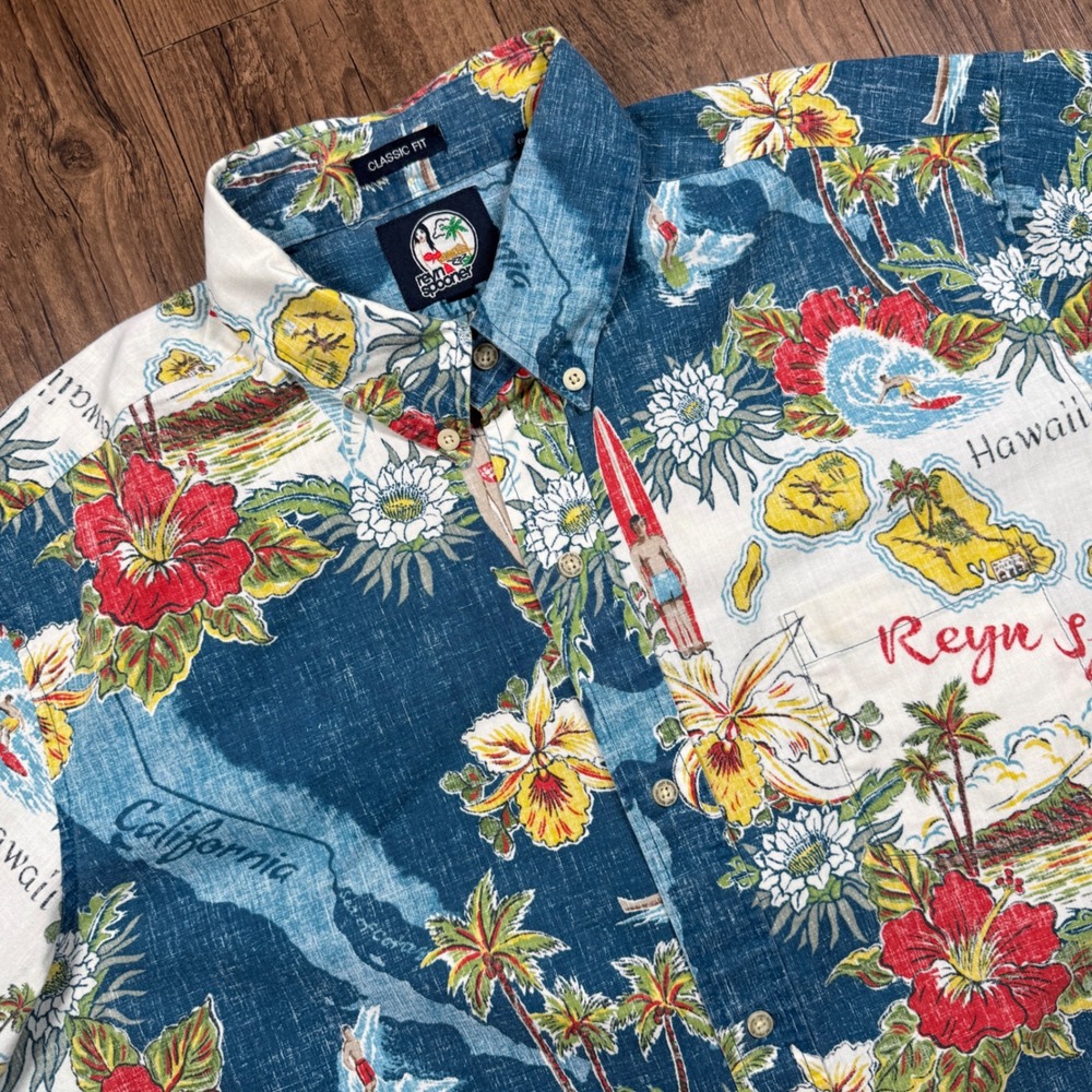 Reyn Spooner Hawaiian Shirt Mens XL Blue Classic Fit Map Hula Girl Reverse Print